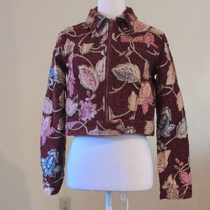 Forever 21 Burgundy Embroidered Tapestry Floral Zip Crop Jacket